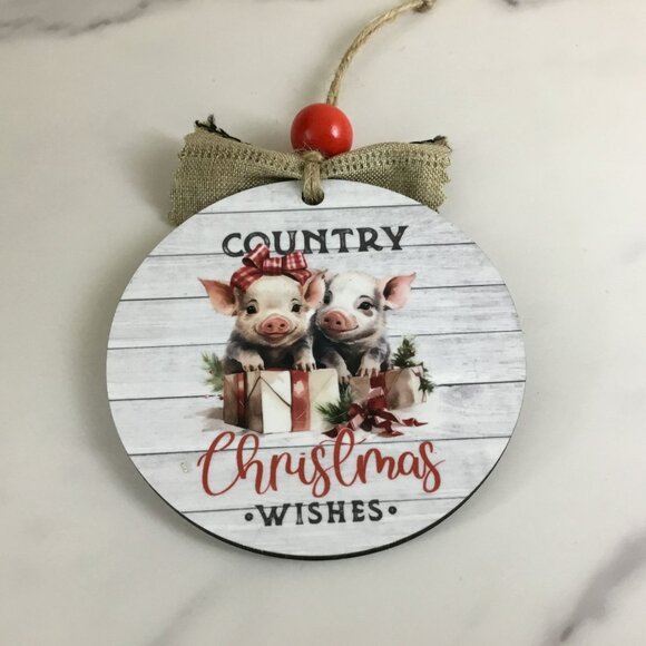 Pig Country Christmas Wishes Round Rustic Christmas Ornament - Picture 6 of 6